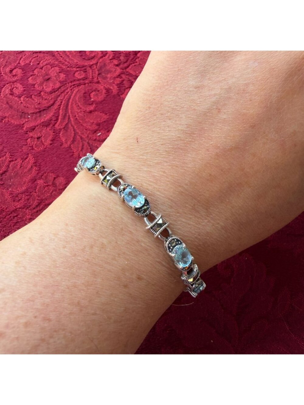 Vintage 925 Sterling Silver Blue Topaz Marcasite Tennis Bracelet Oval Box Clasp